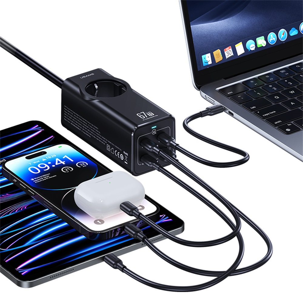 USAMS-CC225 67W Four-port Fast Charging Adapter 3C+1U Socket With Extension 1.5M Cable (EU) 2200W AC socket (EU)